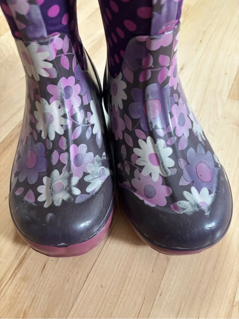 Waterproof Girls Purple Polka Dot Floral Bogs, Size 2